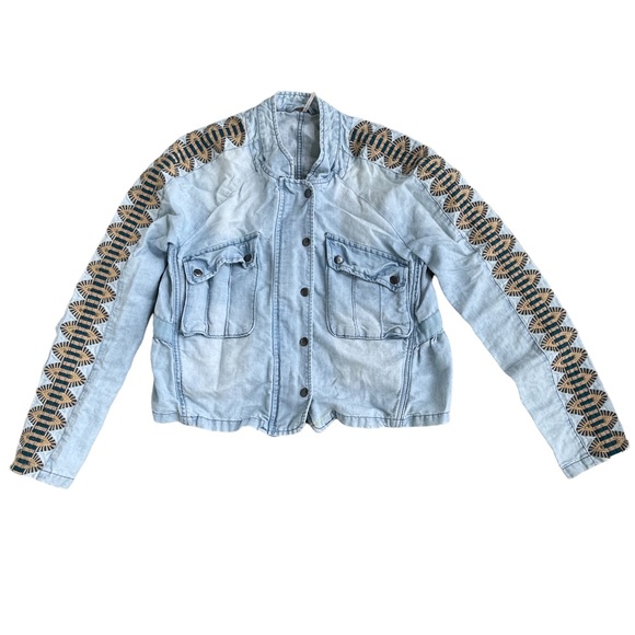 Free People Embroidered Sleeve Linen Blend Denim Jacket